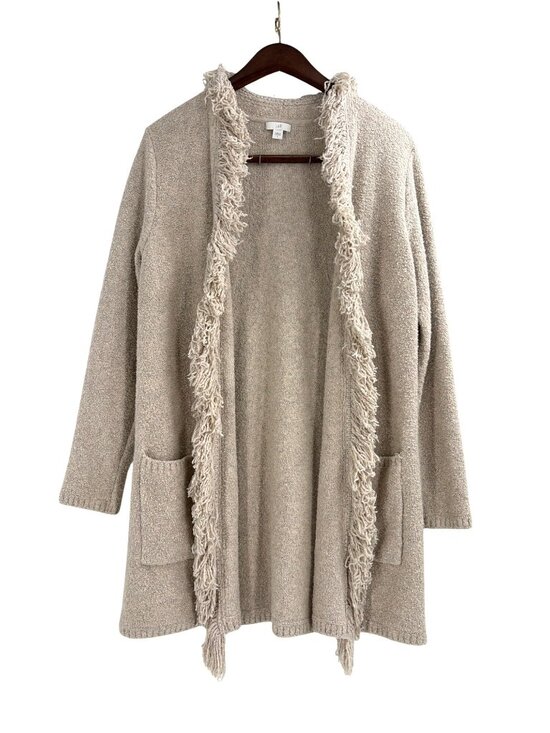 J. Jill Sweaters - J. Jill Fringe Open Cardigan Sweater Pockets Beige Casual Cozy Womens Small